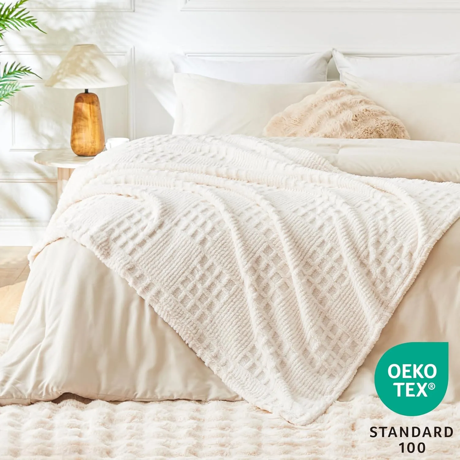 Waffle Patchwork Throw · Beige — EXQ Home throw, photo 2