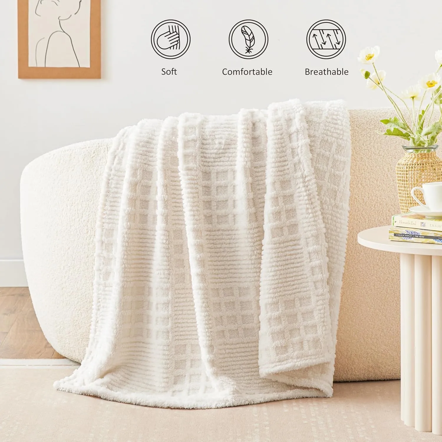 Waffle Patchwork Throw · Beige — EXQ Home throw, photo 3